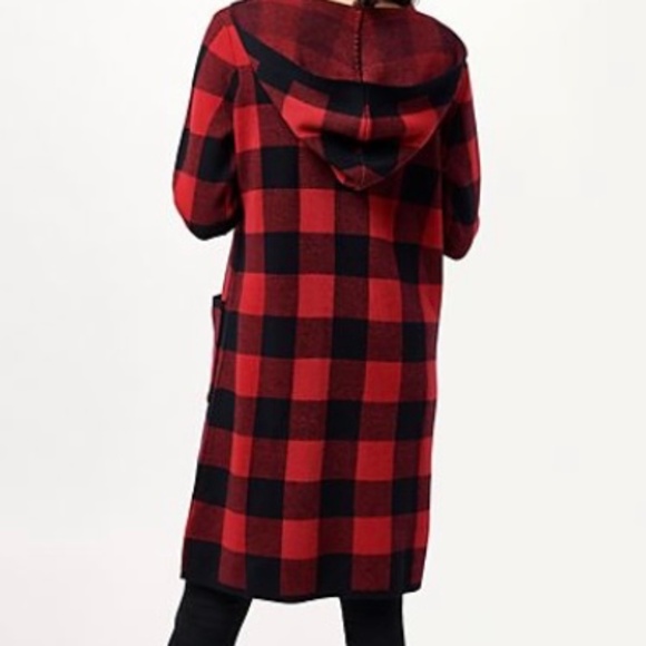 Denim & Co. Hooded Jacquard Sweater Knit Cardigan/Apple Red & Black/L/NEW! - Picture 3 of 6